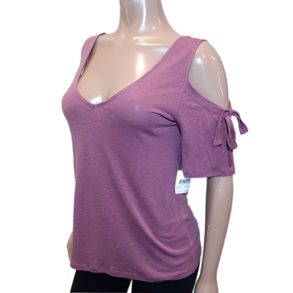 3/$20 HINGE Cold Shoulder Top Self Tie Short Sleeve Linen Blend Scoop Vback